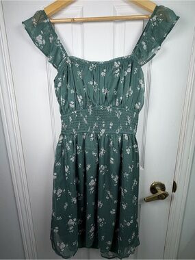Hollister Sage Green Floral Midi Dress Womens XL Smocked Open Back Ruffle Summer